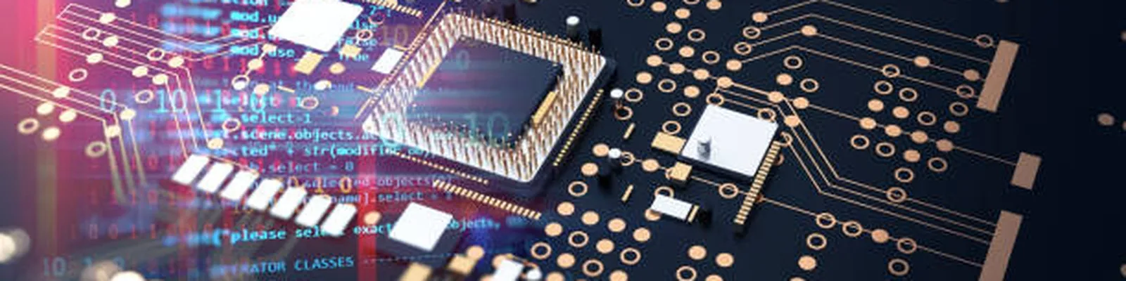 Close-up of a computer motherboard with visible microchip and circuitry, overlaid with digital code and binary numbers in blue and red hues.